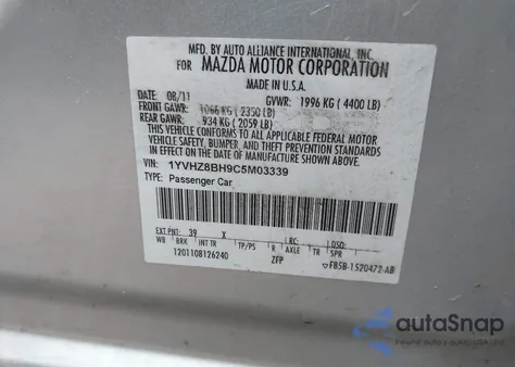 2012 Mazda Mazda6 I Sport z USA, uszkodzony, nr VIN 1YVHZ8BH9C5M03339